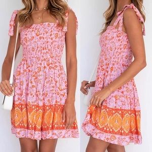 Boho Floral Printed Spaghetti Strap Square Neck Ruffle A Line Swing Mini Dress